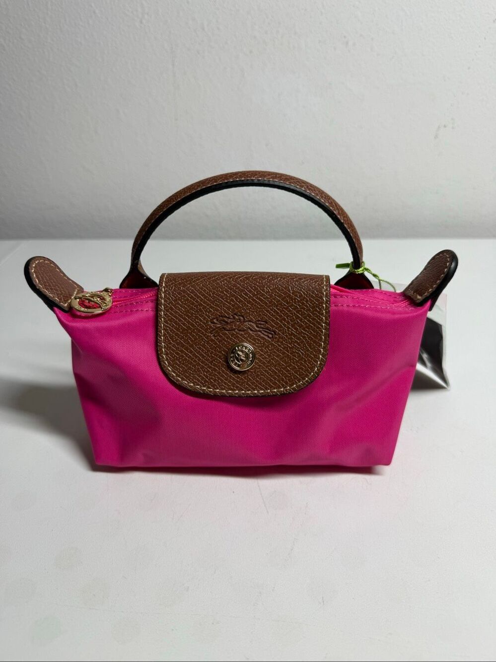 Longchamp Mini Le Pliage Nylon Rose Pink Brown Top Handle Bag + Strap